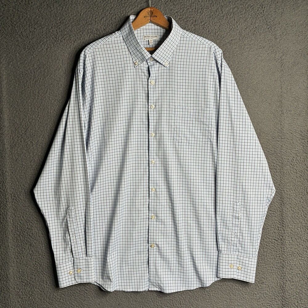 Peter Millar Summer Comfort Mens XL Blue Plaid Long Sleeve Button Down Shirt
